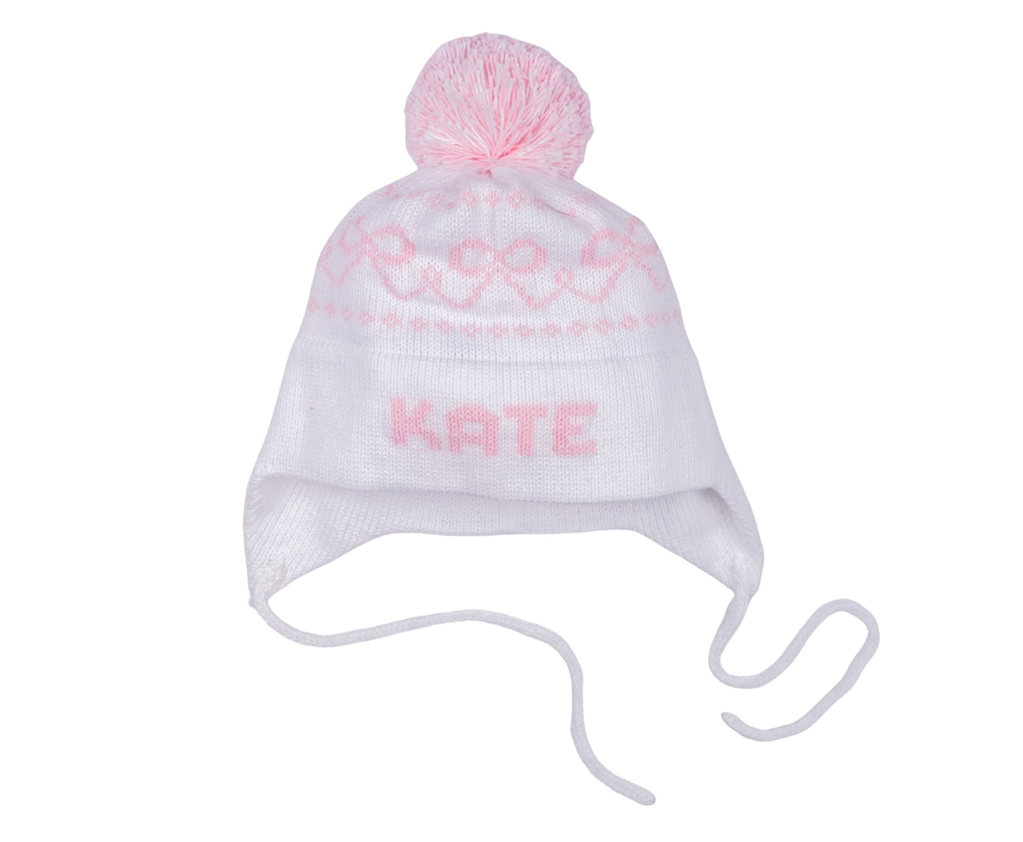 MJK Knits Bow Earflap Hat- White and Light Pink