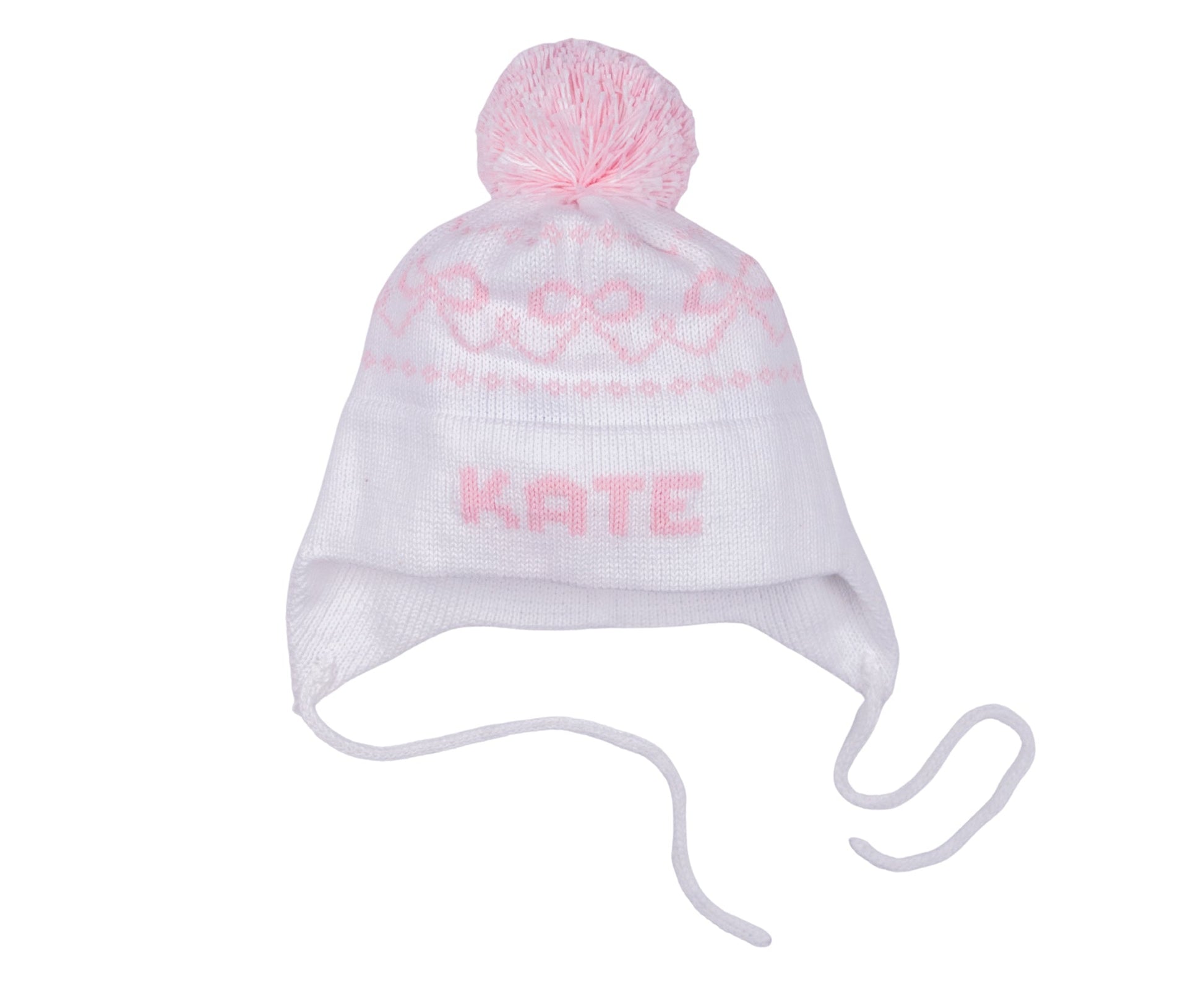 MJK Knits Bow Earflap Hat- White and Light Pink