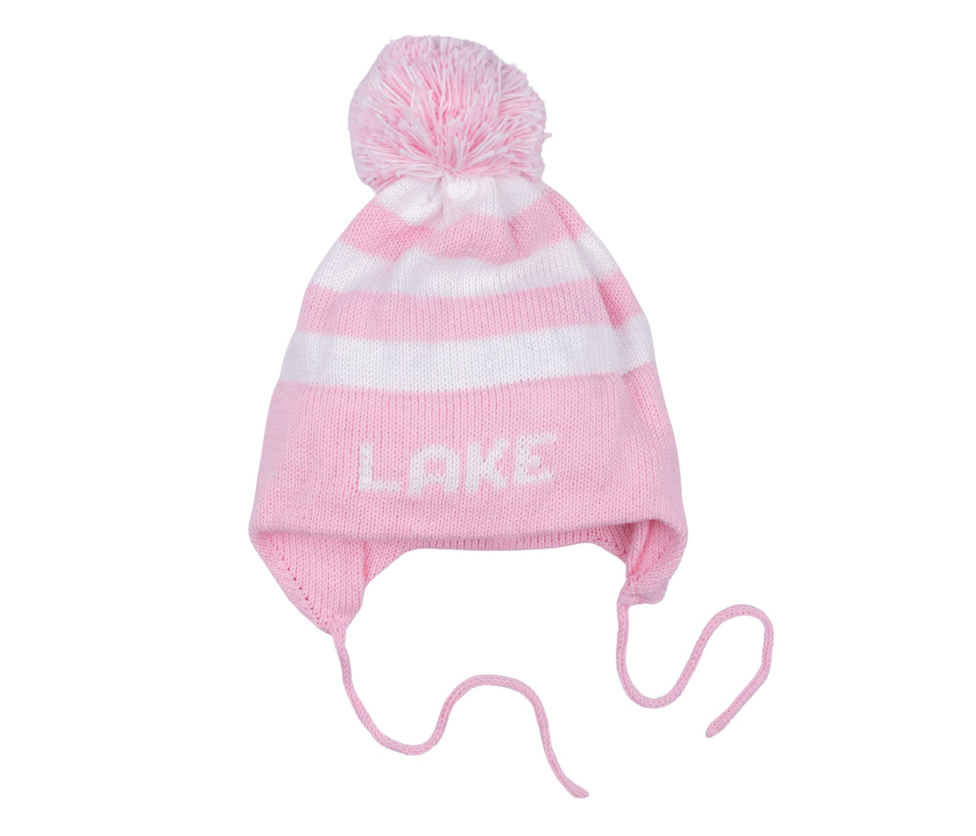 MJK Knits Stripe Earflap Hat- Light Pink and White