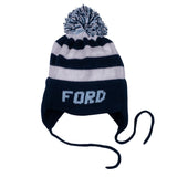 MJK Knits Stripe Earflap Hat- Navy and White