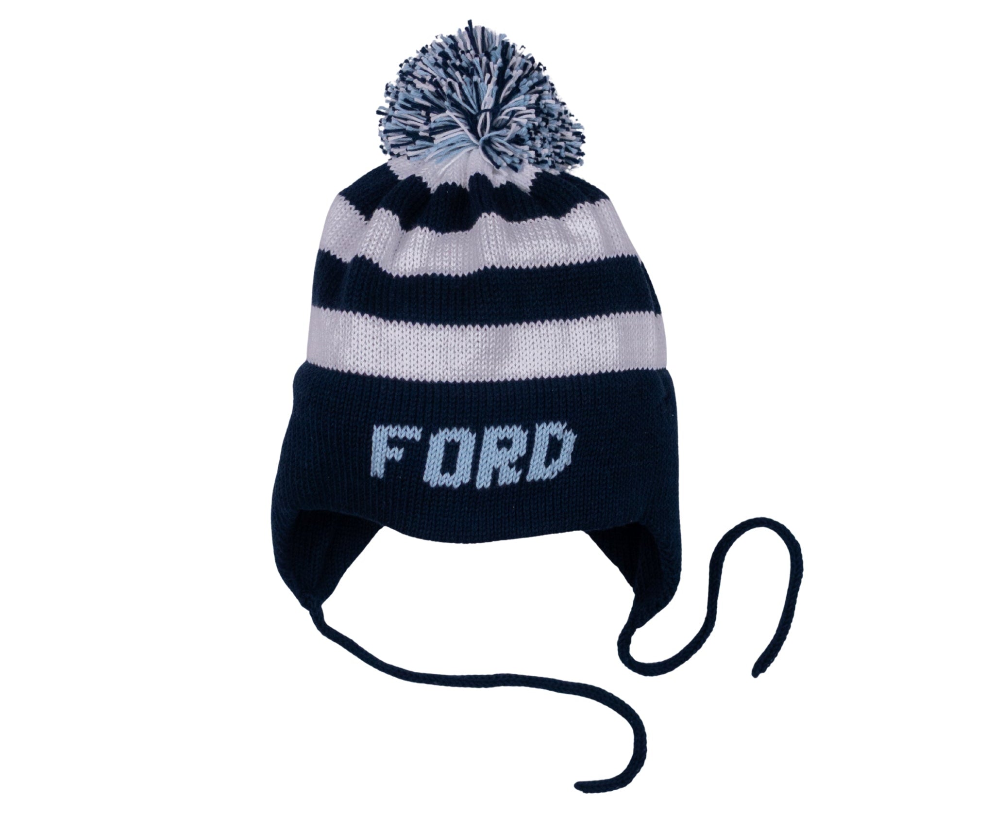 MJK Knits Stripe Earflap Hat- Navy and White