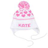 MJK Knits Hearts Earflap Hat- White and Bright Pink