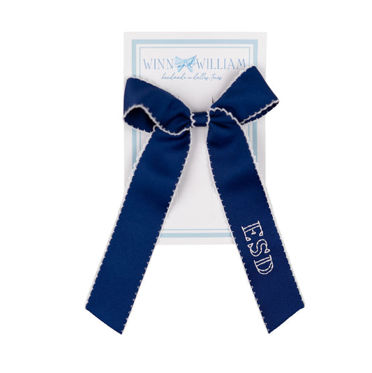 Medium Moonstitch Navy ESD bow hand embroidered by Winn and William