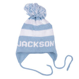 MJK Knits Stripe Earflap Hat- Light Blue and White