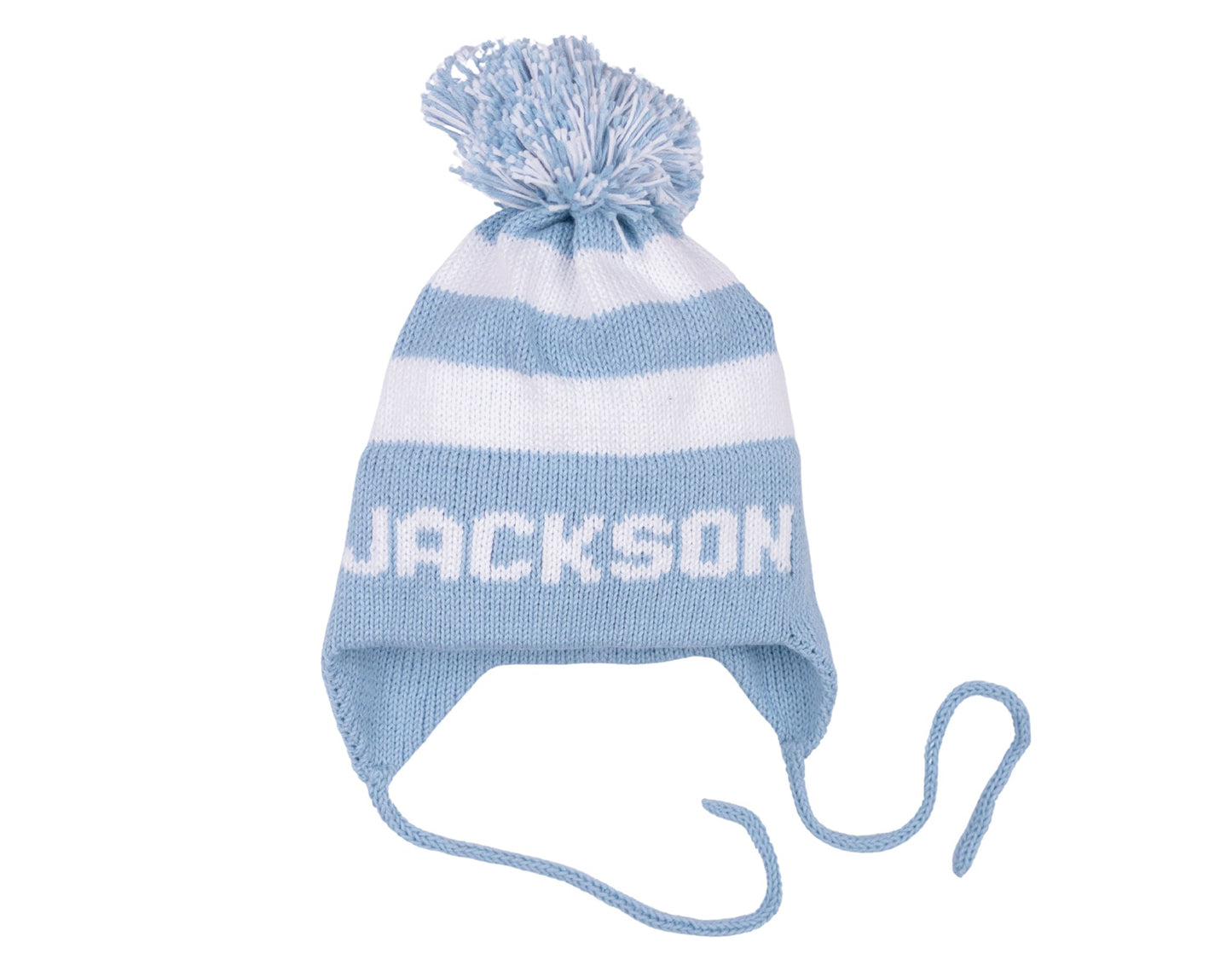 MJK Knits Stripe Earflap Hat- Light Blue and White