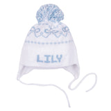 MJK Knits Bow Earflap Hat- White and Light Blue