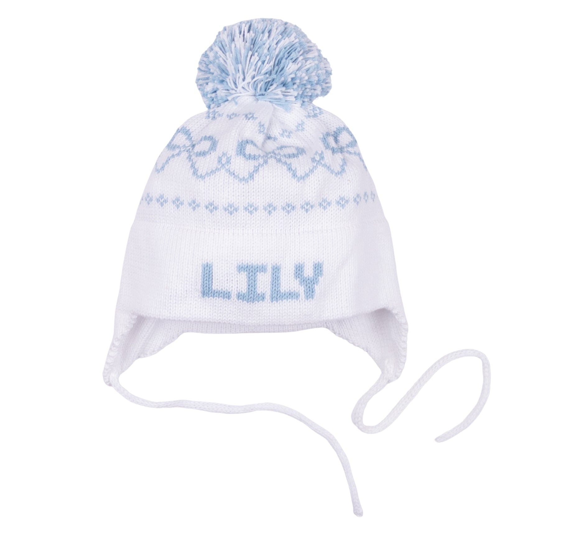 MJK Knits Bow Earflap Hat- White and Light Blue