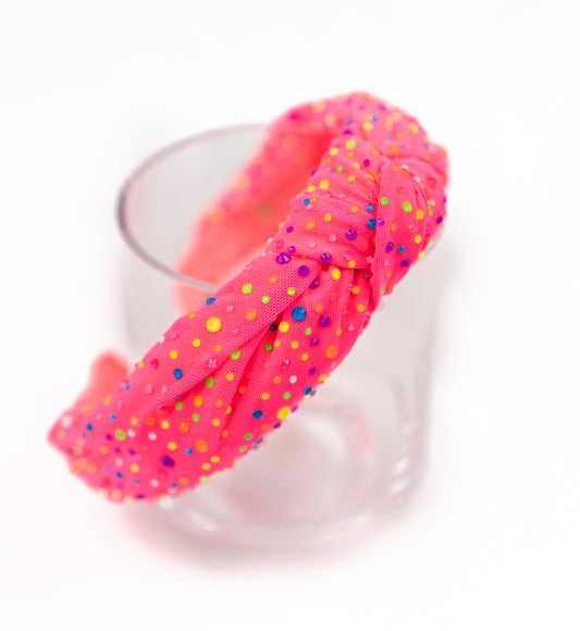 Neon Pink Tulle Jeweled Knot Headband