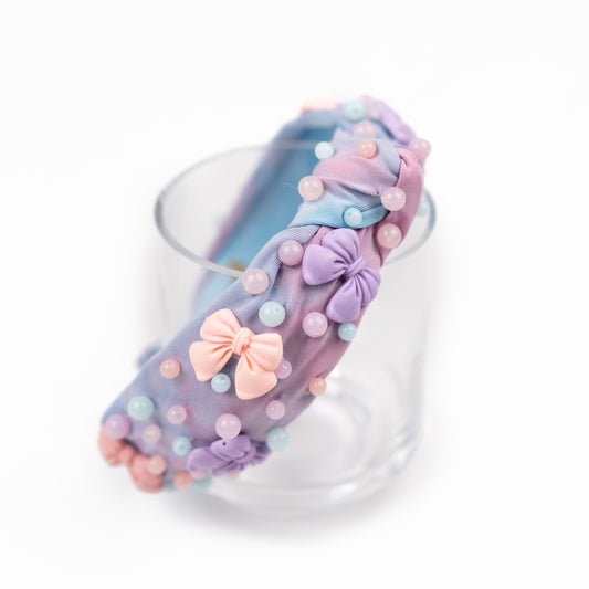 Bows and Pearls Knot Headband- Purple