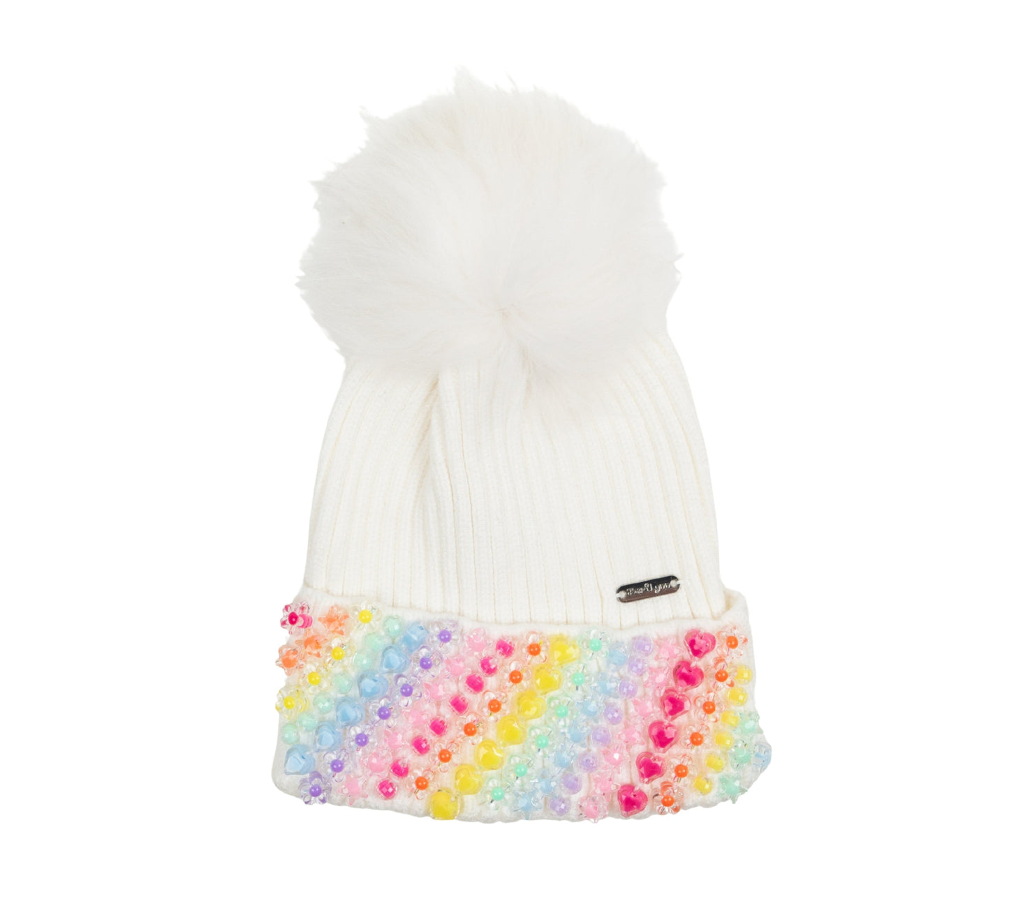 White Charm Cuff Hat With Pom