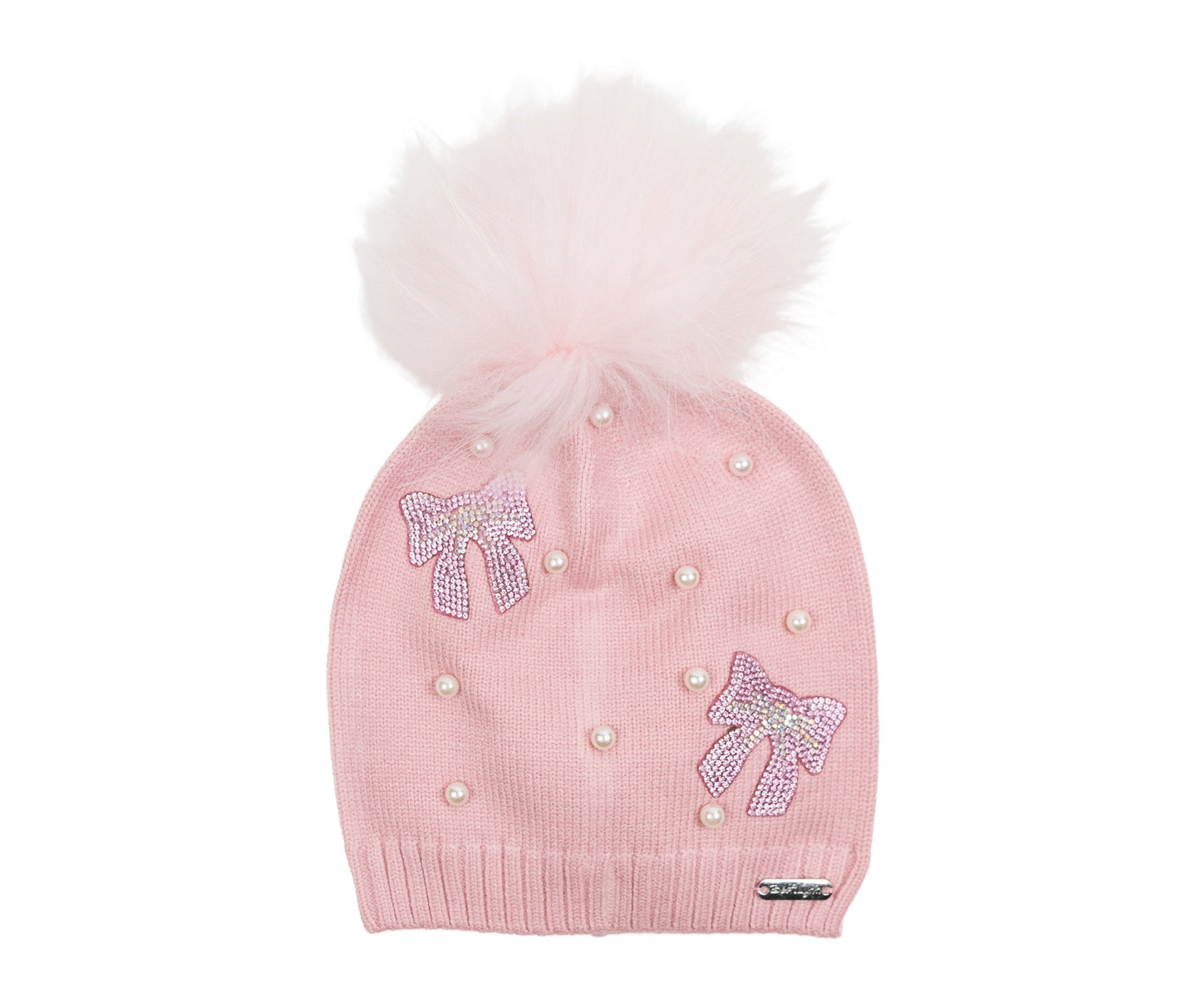 Pink Crystal Bow and Pearl Hat With Pom
