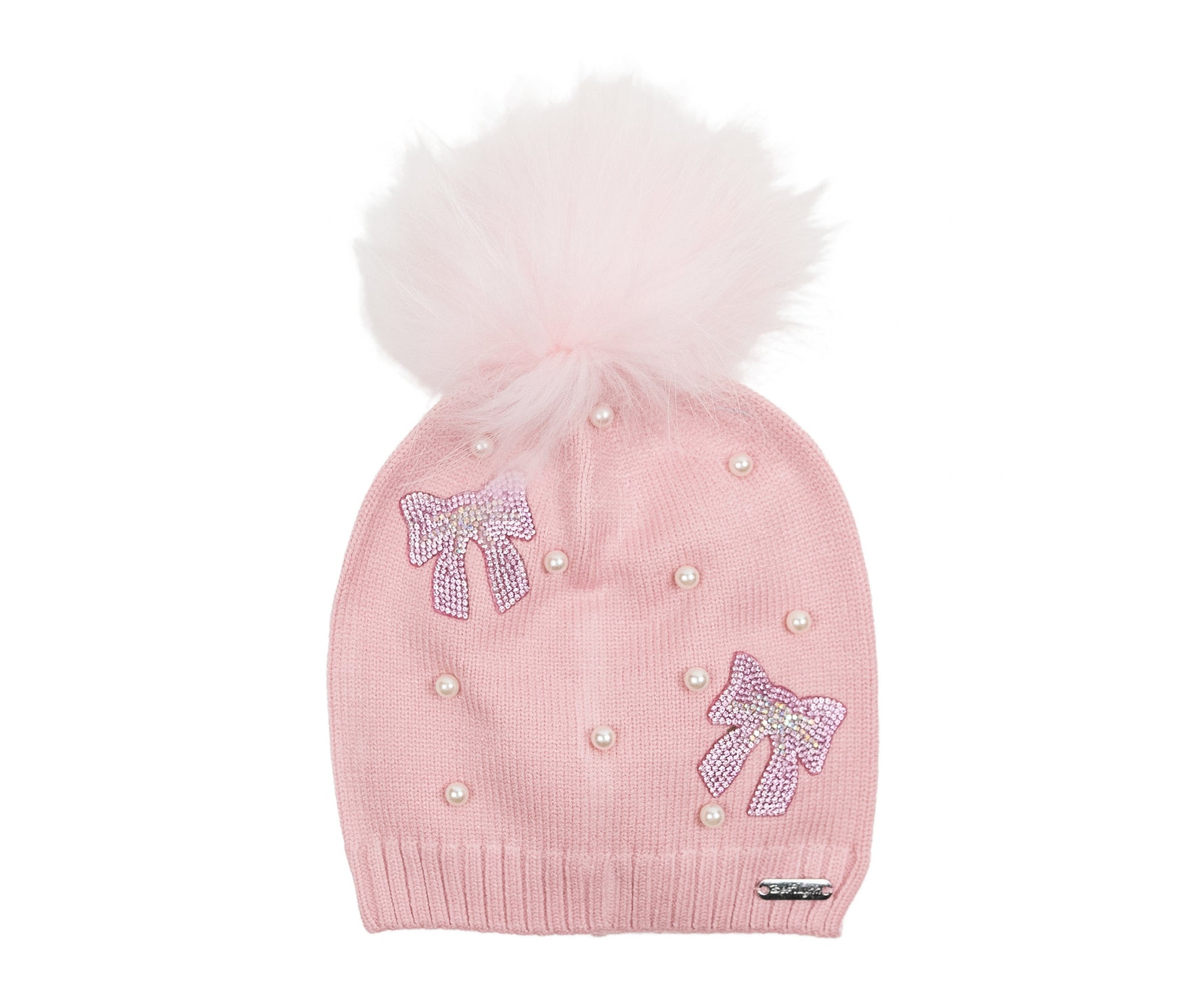 Pink Crystal Bow and Pearl Hat With Pom
