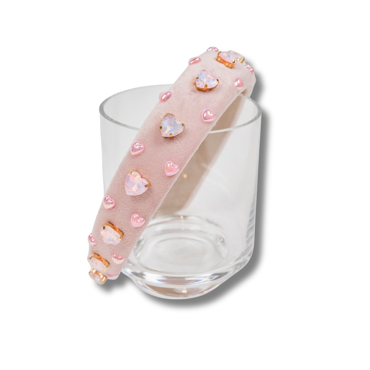 Light Pink Velvet Heart Jewels and Pearls Headband