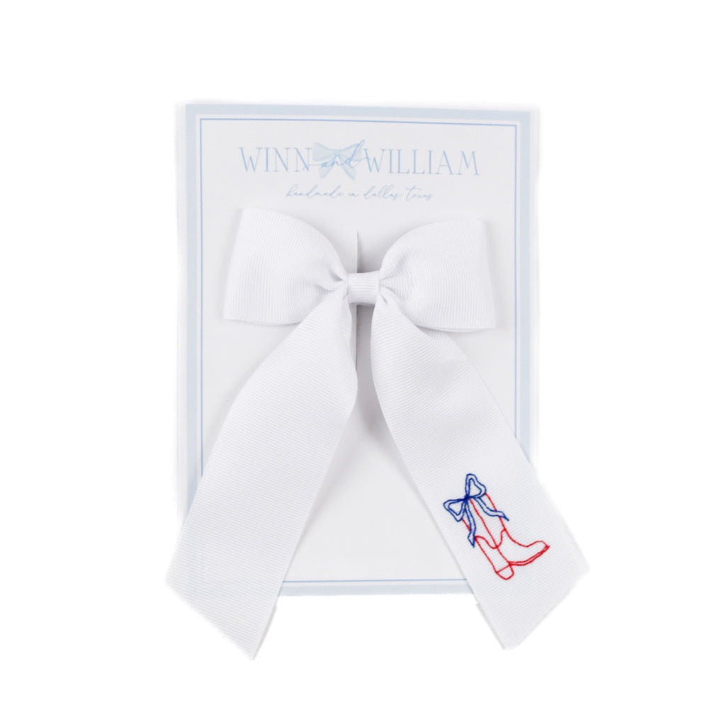 Winn and William Hand Embroidered Bows Medium Cowgirl Boot Bow - White