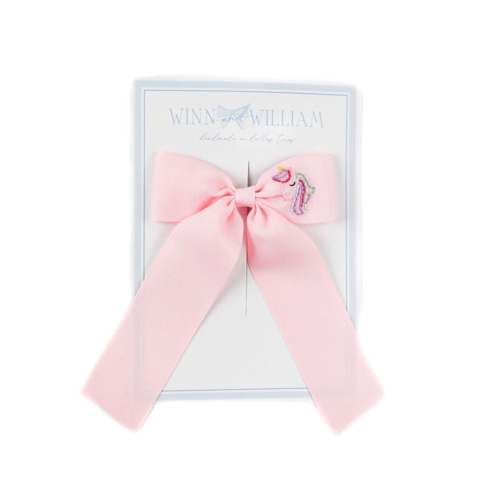 Winn and William Hand Embroidered Unicorn Pink Hair Bow