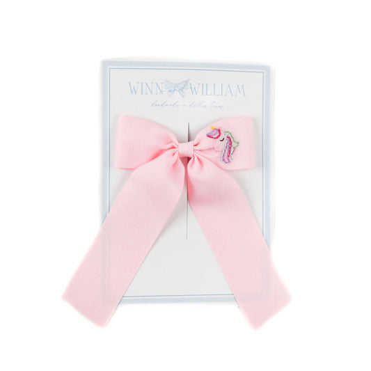 Winn and William Hand Embroidered Unicorn Pink Hair Bow