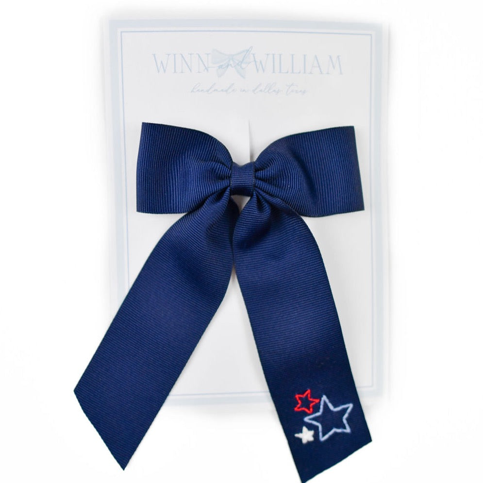 Winn and William Hand Embroidered Bows Medium Seeing Stars Bow - Navy