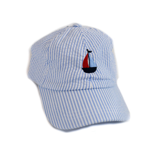 Blue Embroidered Seersucker Ball Cap - Sailboat