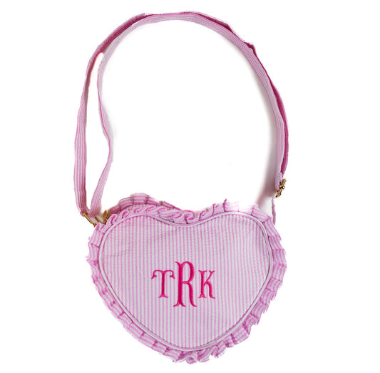Bits and Bows Kids Heart Purse with Monogram - Seersucker Pink