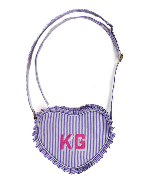 Bits and Bows Heart Purse with Monogram - Seersucker Lavender