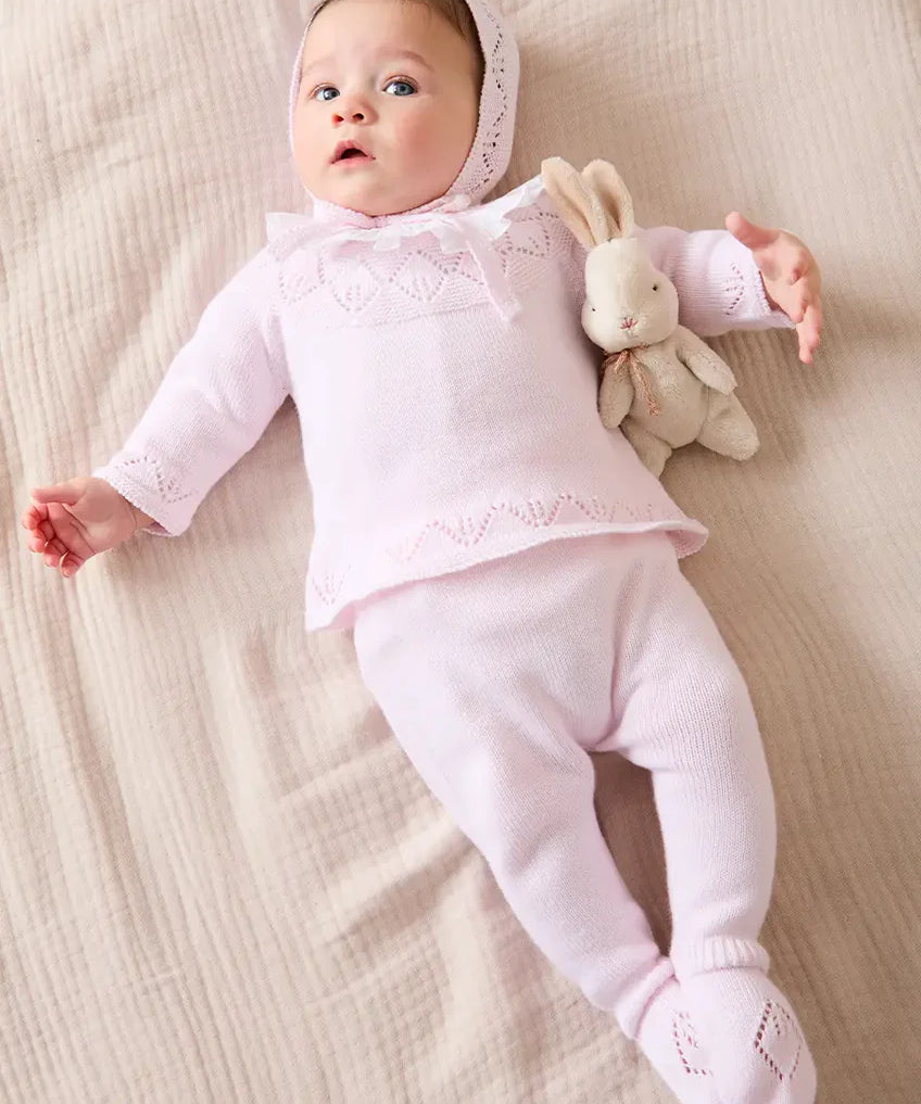 Diamond Openwork Three Piece Knitted Set in Baby Pink