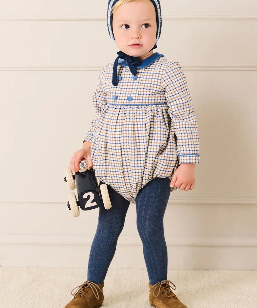 Pepa London Thirleby Check Velvet Peter Pan Collar Long Sleeve Romper in Blue