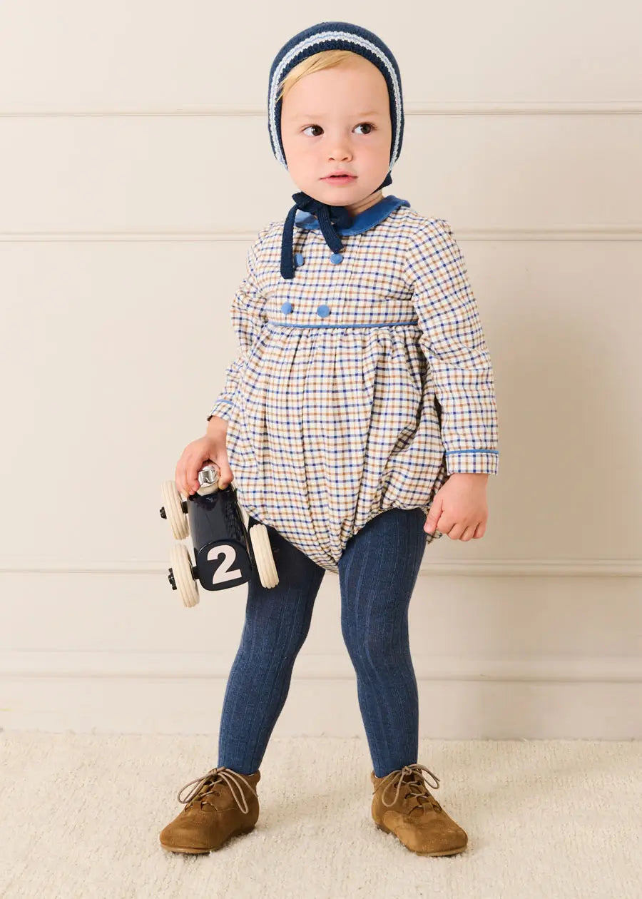 Pepa London Thirleby Check Velvet Peter Pan Collar Long Sleeve Romper in Blue