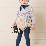Pepa London Thirleby Check Velvet Peter Pan Collar Long Sleeve Romper in Blue