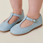 Light Blue Leather Girl T-Bar children's Shoes made by la coqueta