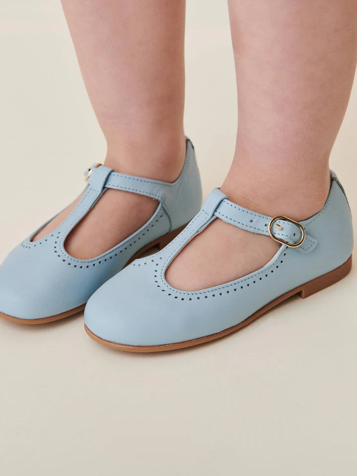 Light Blue Leather Girl T-Bar children's Shoes made by la coqueta