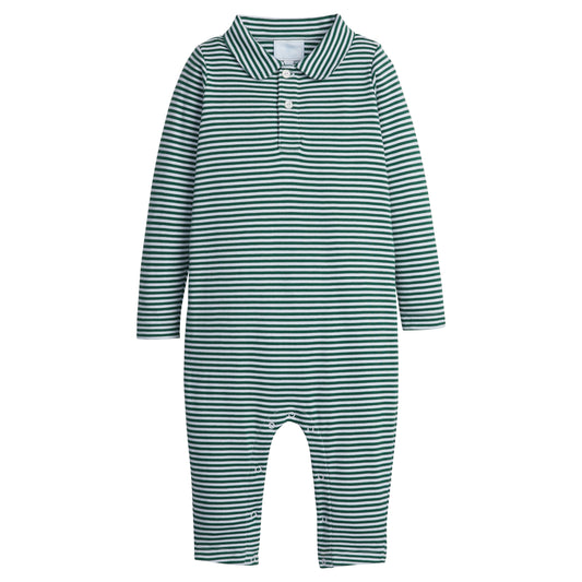 Little English Long Sleeve Stripe Polo Romper - Hunter Green