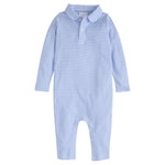 Little English Long Sleeve Stripe Polo Romper - Light Blue