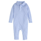 Little English Long Sleeve Stripe Polo Romper - Light Blue