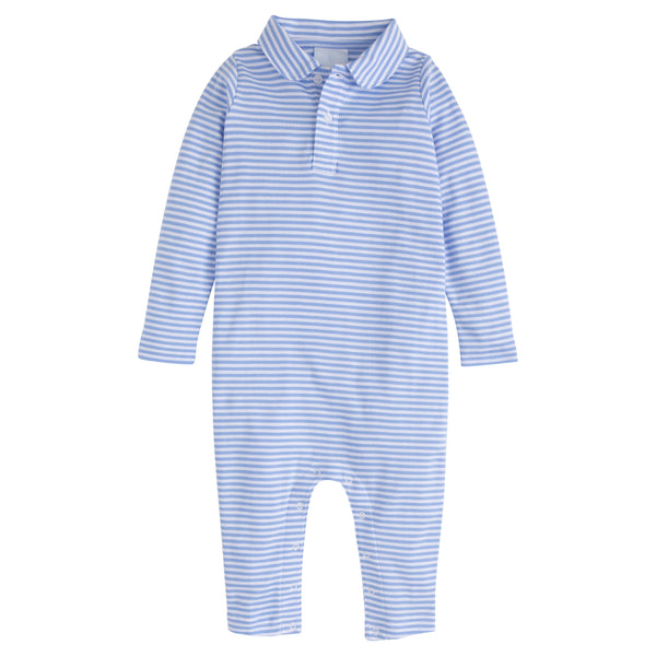 Long Sleeve Polo Romper - Light Blue Stripe