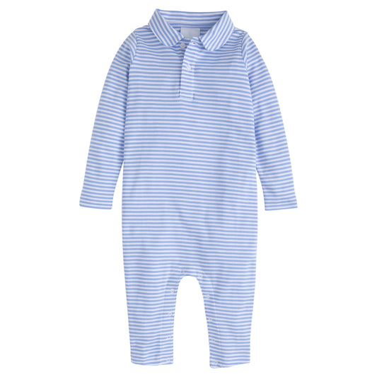 Little English Long Sleeve Stripe Polo Romper - Light Blue