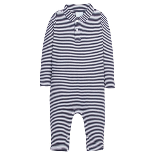 Little English Long Sleeve Stripe Polo Romper - Navy