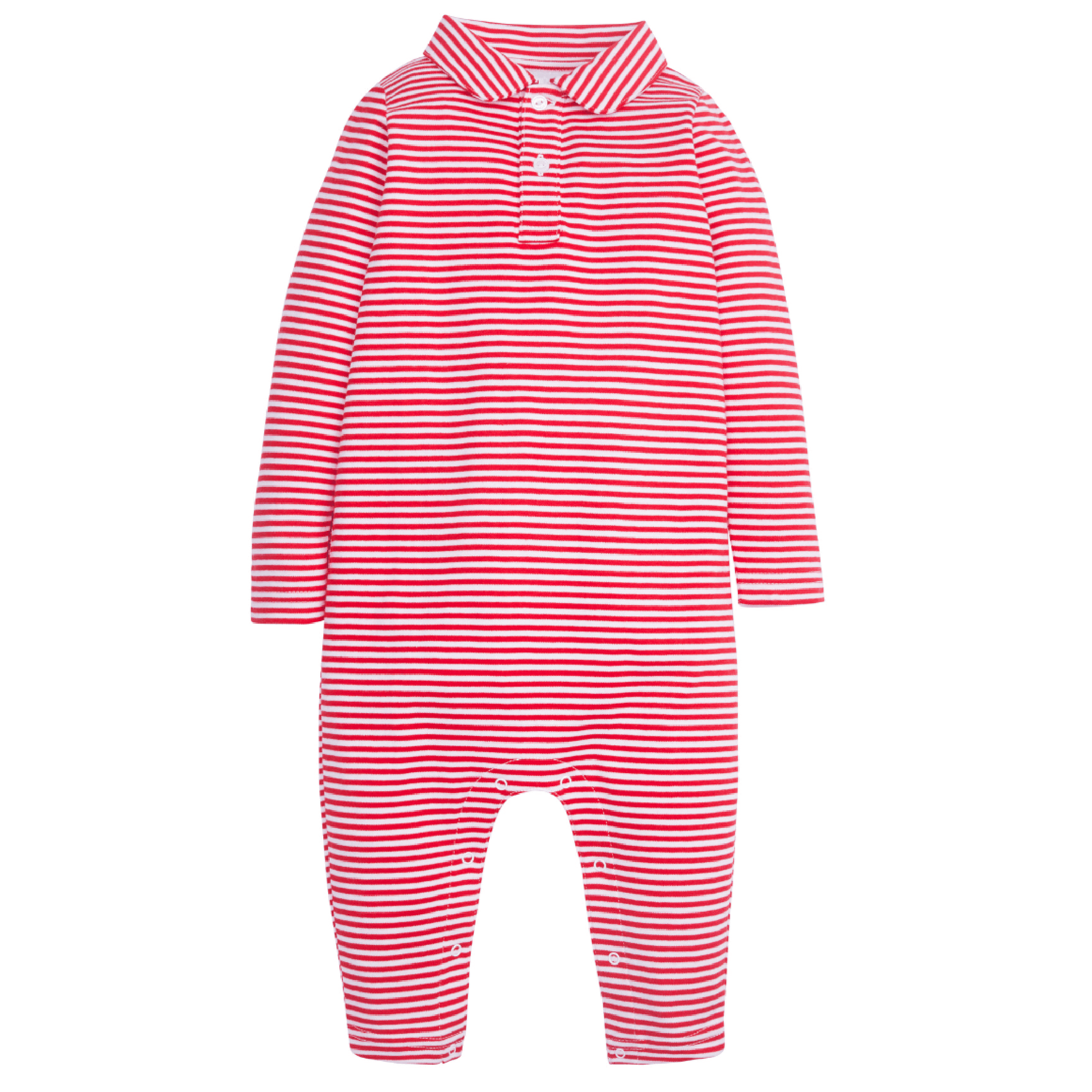 Little English Long Sleeve Stripe Polo Romper - Red