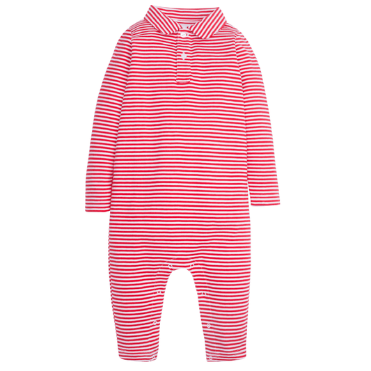 Little English Long Sleeve Stripe Polo Romper - Red