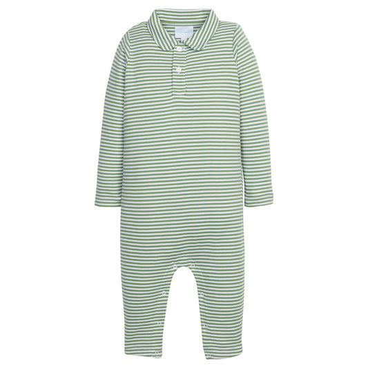 Little English Long Sleeve Stripe Polo Romper - Watercress