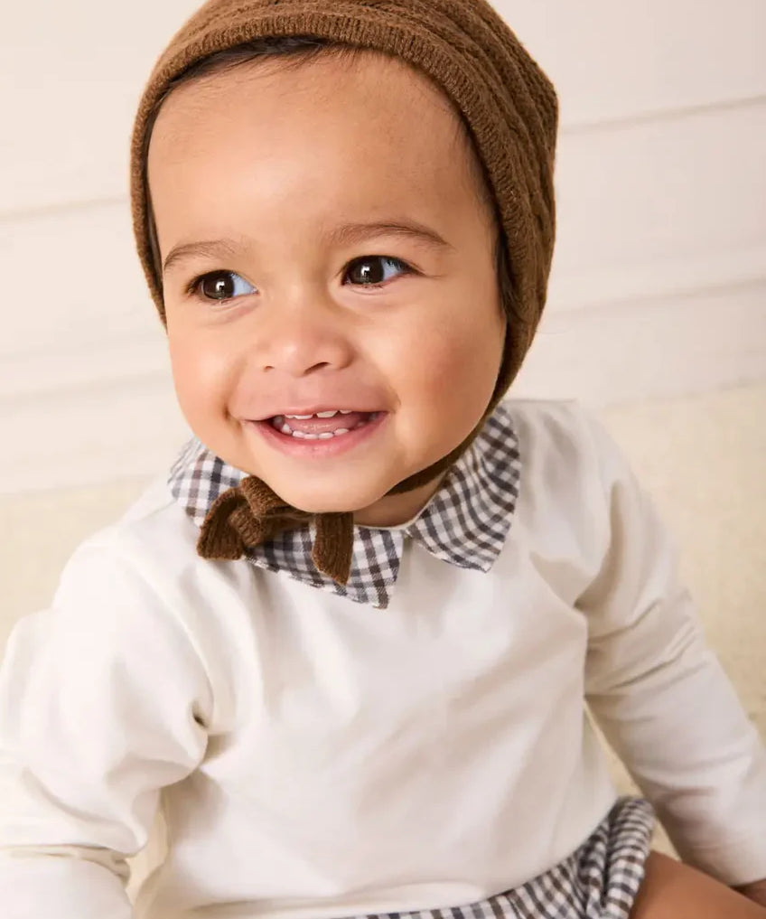 Cadogan Houndstooth Collar Long Sleeve Bodysuit in Brown