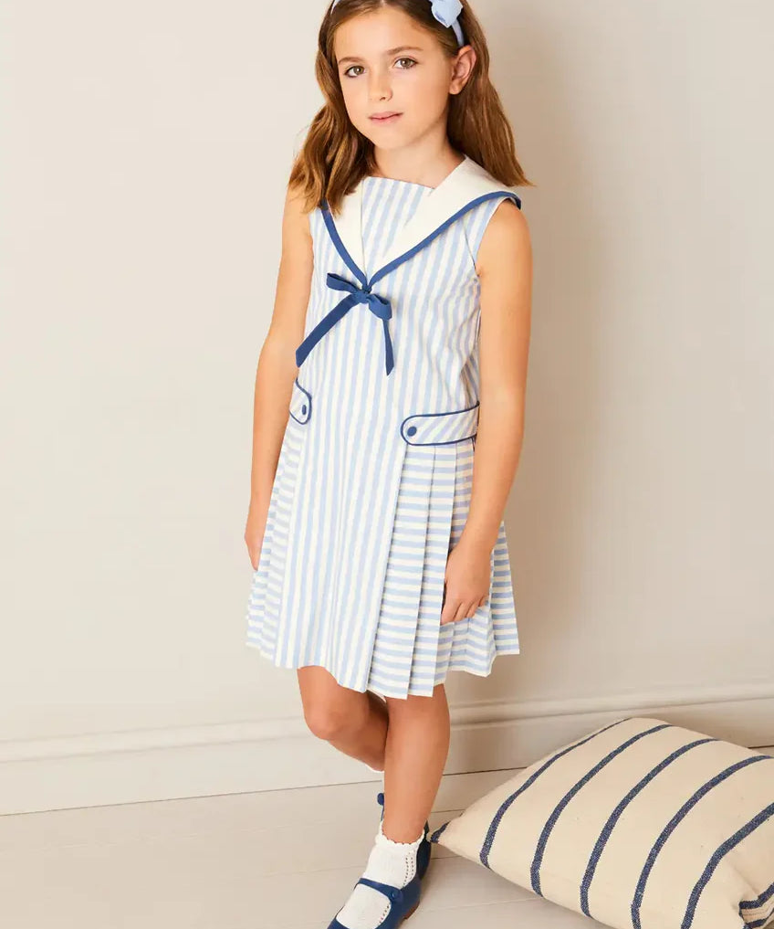 Regency Striped Mariner Collar Pleated Sleeveless Dress in Blue