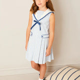Regency Striped Mariner Collar Pleated Sleeveless Dress in Blue