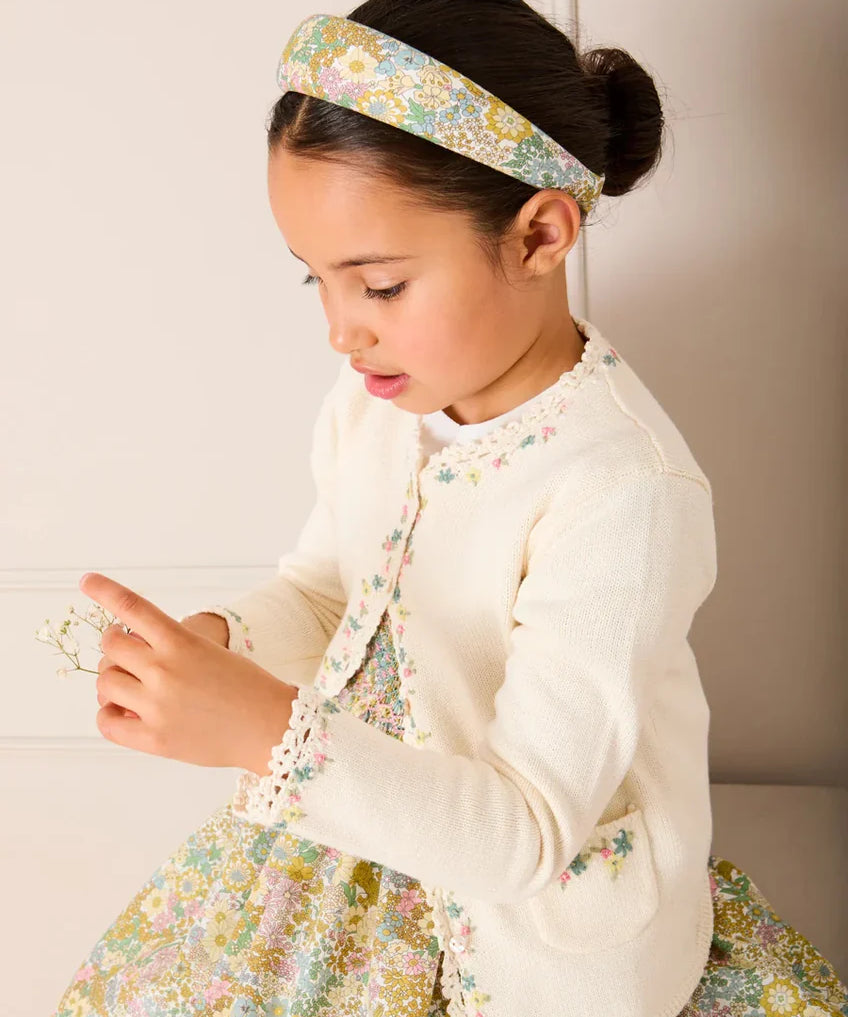 Wildflower Embroidered Openwork Detail Cotton Cardigan in Cream