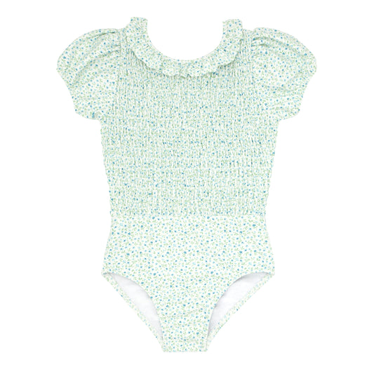 Minnow Hibiscus Ditsy Floral Puff Sleeve Smocked One Piece Swimsuit