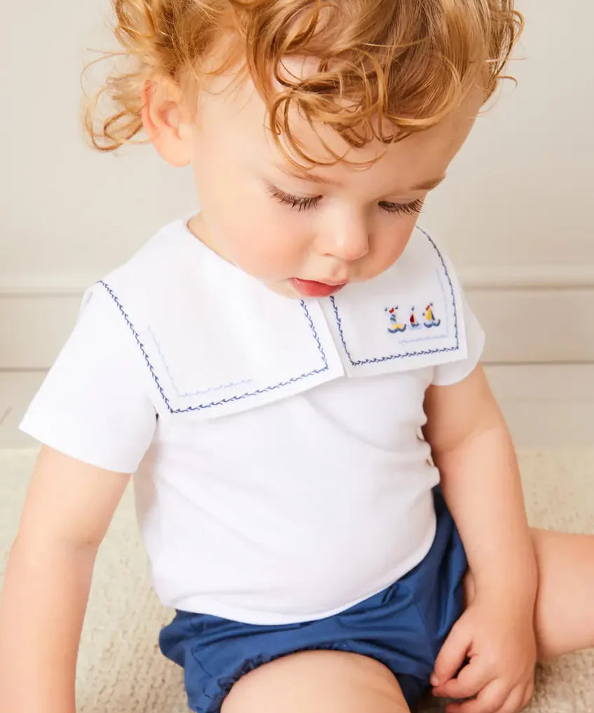 Boat Embroidery Statement Collar Short Sleeve Bodysuit in White