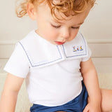 Boat Embroidery Statement Collar Short Sleeve Bodysuit in White