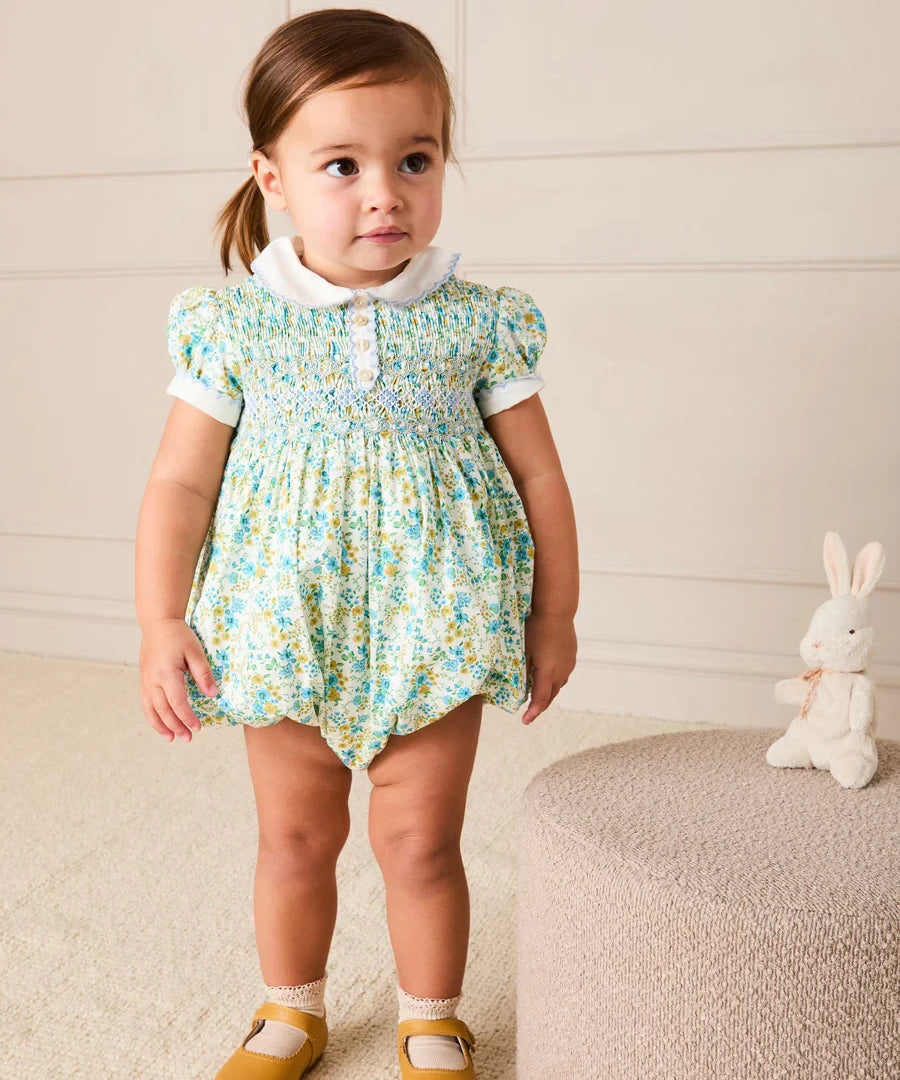 Louisa Floral Hand Smocked Short Sleeve Romper in Blue