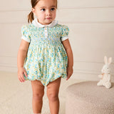 Louisa Floral Hand Smocked Short Sleeve Romper in Blue