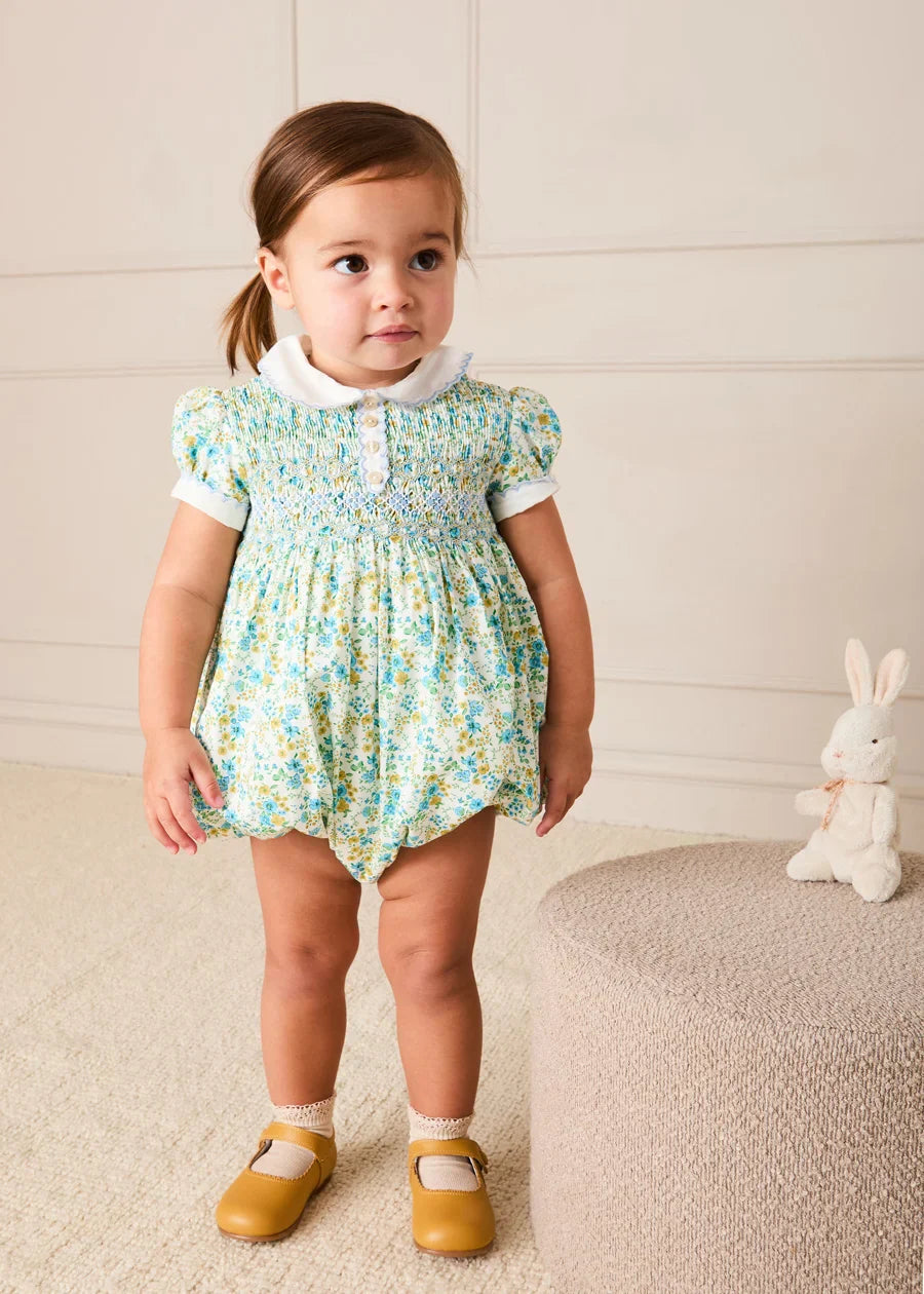 Louisa Floral Hand Smocked Short Sleeve Romper in Blue