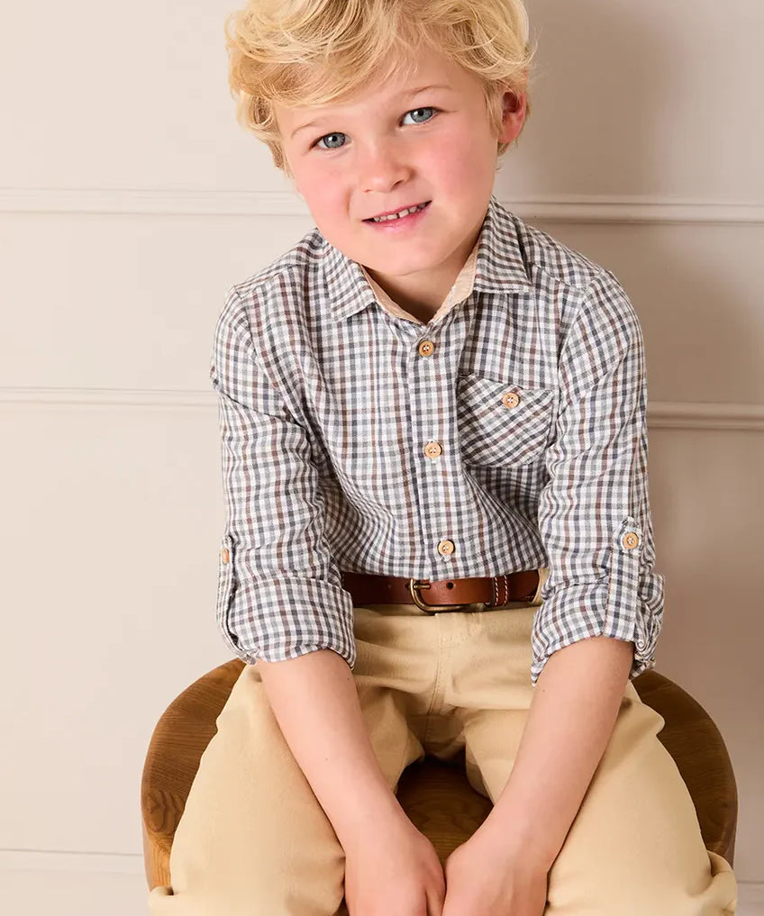 Cadogan Houndstooth Polo Collar Long Sleeve Shirt in Beige